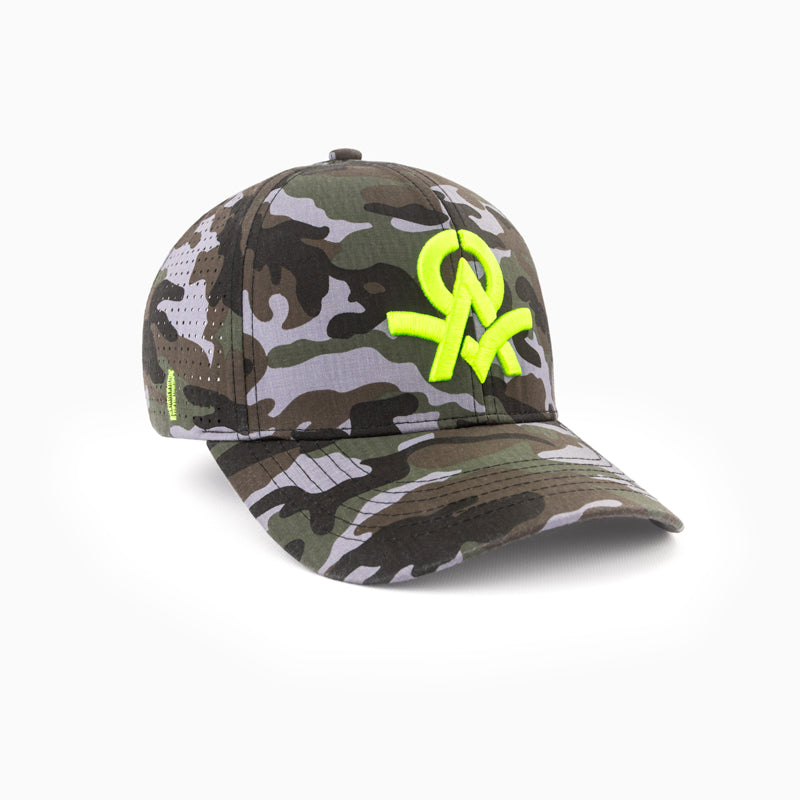 Sweat Out 2.0 Hat with Sunglasses Keeper - Curved Camo with Bright Gre -  AllOuter