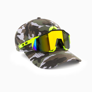 Sweat Out 2.0 Hat with Sunglasses Keeper - Curved Camo with Bright Green